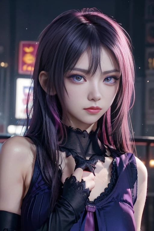 (night Mitaka)、uniform、(Big scar on face).Cool Beauty、Long black hair、The face of victory、skinny、 upper body、(night)、Chainsaw Man、(Yorumi Taka)、(( the scar on his face is in the same place)).((Save face image)、((Alone)).((woman)).(one piece uniform).( )、Purple lace gloves、Gothic Lace Arm Covers.((Make your eyes beautiful:1.3)).((Balancing the eyes)).((Pink silk underwear)).