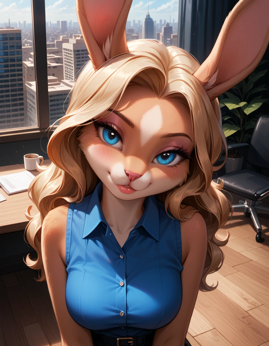 score_9, score_8_up, score_7_up, 1girl, solo, very sexy (lolabunny, anthro, furry female, feminine, gorgeous, rabbit ears, rabbit girl, animal nose, beautiful eyes, blue eyes, detailed face, body fur, long wavy hair:1.3), beautiful waifu, sexy office attire, sleeveless shirt, collared shirt, confident, seductive, flirt, gaze, sexy look, head tilt, filled lips, thick lips, sexy pout, (in modern corporate office, high floor, view of city from window:1.2), model pose, sexy pose, elegant, glamorous, dimly lit, expressiveh d4rk01l, perfect proportions, (face portrait, close-up shot:1.2).