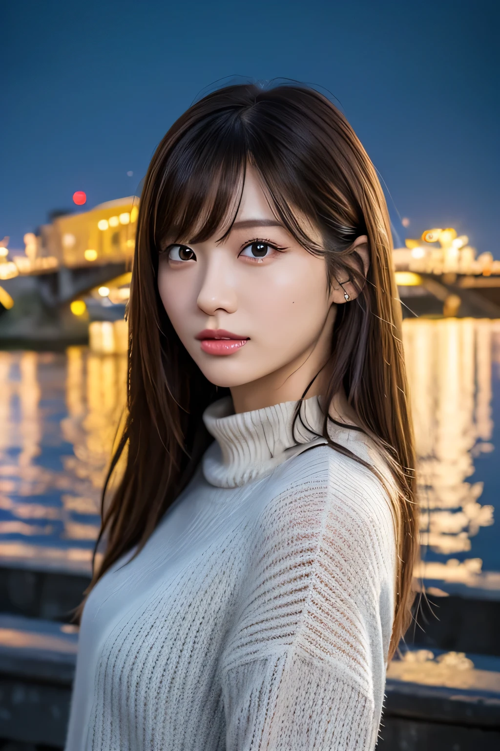 (fine skin:1.2),(shiny skin:1.1),8K,highest quality, masterpiece, ultra high resolution,(realistic:1.4), Raw photo,(Soft saturation:1.3),(Fair skin:1.2),1 female,Improve,compensate,(lipstick:1.1),(eyeliner:1.2), brown eyes, looking at the viewer, 19 years old, detailed face, perfect female body, medium hair, messy hair, asymmetrical bangs, light brown hair, highly detailed face, (Depth of the bounds written), (V-neck sweater), bridge, building, city, city lights, colorful, night,  Ocean, outdoor, scenery, null, wood, water, bridge, island, 
masterpiece, highest quality, moody lighting, blue hour, japanese idol, 