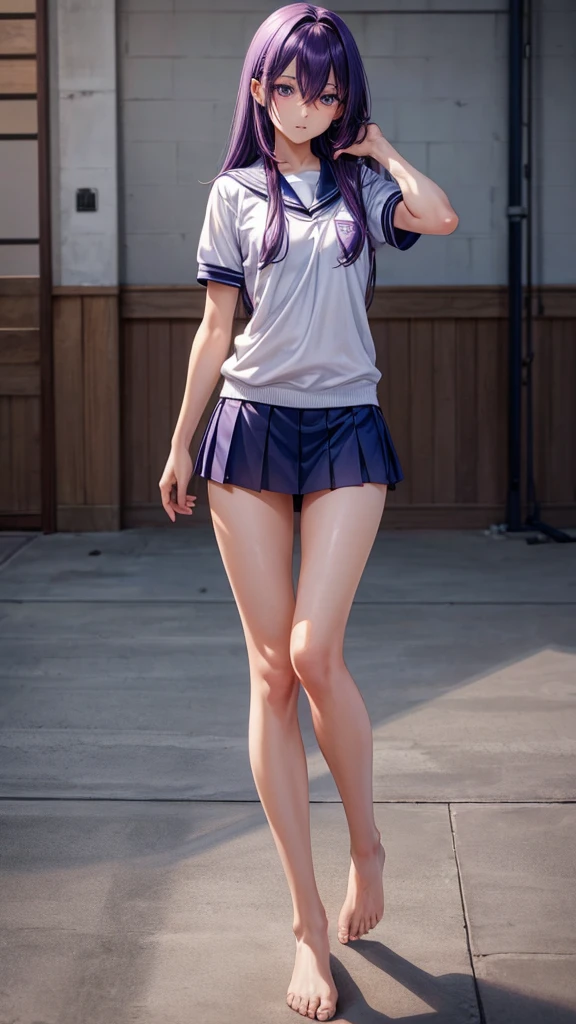 (masterpiece, best quality, realistically, Work, super detailed, 8k), ((Wide-angle lens, Full body female love)), 1 girl,Light makeup,Exquisite facial features,Smile,Exquisite hairstyle, long hair,big breasts,Correct finger structure,Sailor suit,Dark blue pleated skirt,front standing posture ,facing the audience,full body portrait,gray background