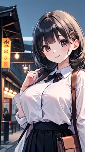 Young woman、smile、(( random hairstyle ))、BLANCING、((masterpiece、 high res、16k))、(( RANDOM DESIGN SPRINGWEAR))、(Very close:1.5)、EXPLORE THE CITY AT NIGHT 、( FOCUS ON YOUR BODY :1.5),Large Breasts、 black long hair、