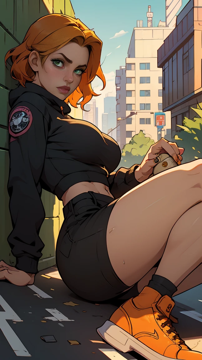 Innocent look:1.3, middle-aged slut woman with light skin, small breast:1.2, messy black dreadlocks, wearing a sweatshirt,sitting cross-legges on the top of a wall along the road ((with orange hair and blonde highlight) , short wavy hair, all body photo:1.4, perfect hands:1.6, beatiful hands, GTA5 style, GTA, Grand theft auto, detailed face:1.4, slutty, look from bottom