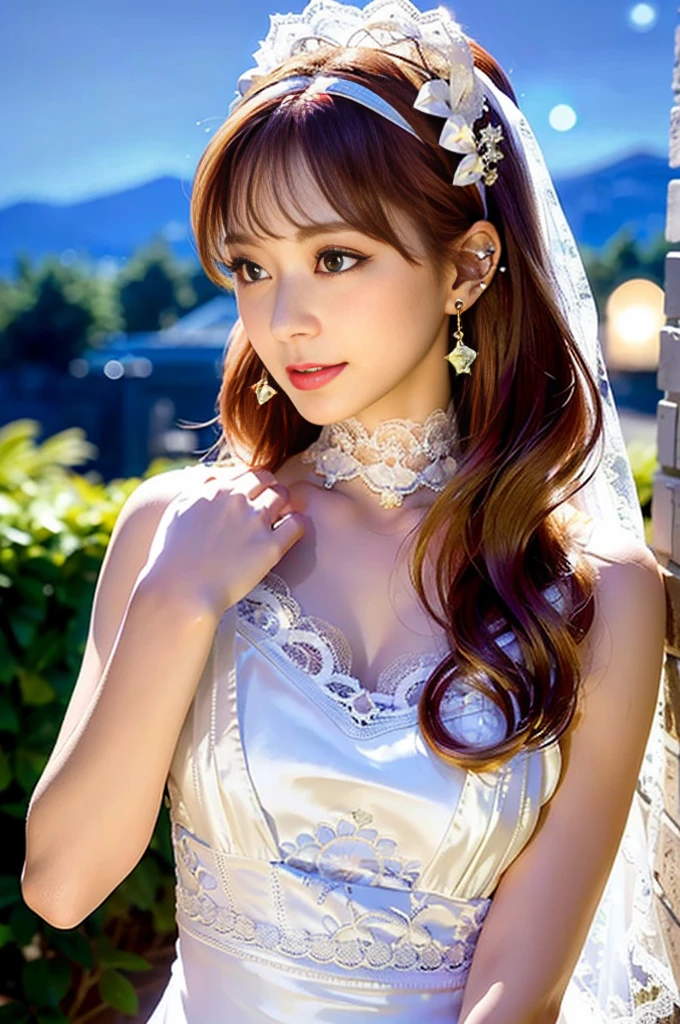 A beautiful Japanese shy girl, age 18 years old, long brown hair, brown big eyes, shiny lip, shiny hair, wearing  Multi-Layered Ruffled Bowknot Bustier Cami black Dress, The background is very blurry, wearing high heels, whole body picture, Leaning back against a wall, in castle, 