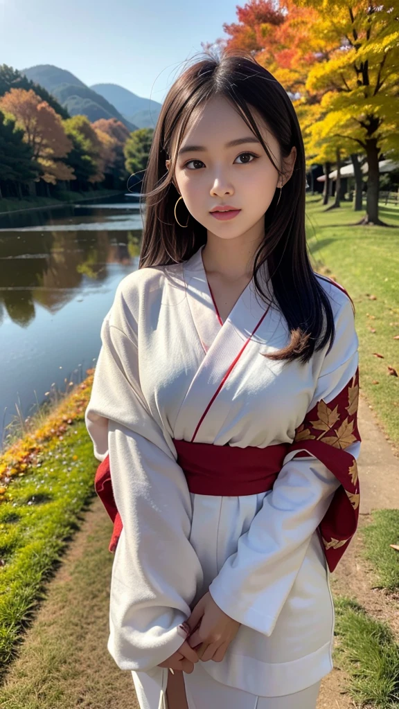 masterpiece, Ultra-high resolution, 4K, Best Quality, 1 person, ((whole body)), Beautiful and exquisite face,  fine texture beautiful skin,  skin texture, high school student, Sparkle in your eyes, Dynamic pose, Gray hair color , Straight Hair, Gal Makeup, hairpin, Red kimono with floral pattern, Japanese clothing, geta, hairpin, Autumn scenery, Bright red autumn leaves, A field of autumn leaves, forest, Nature, Spectacular views, river, sunset