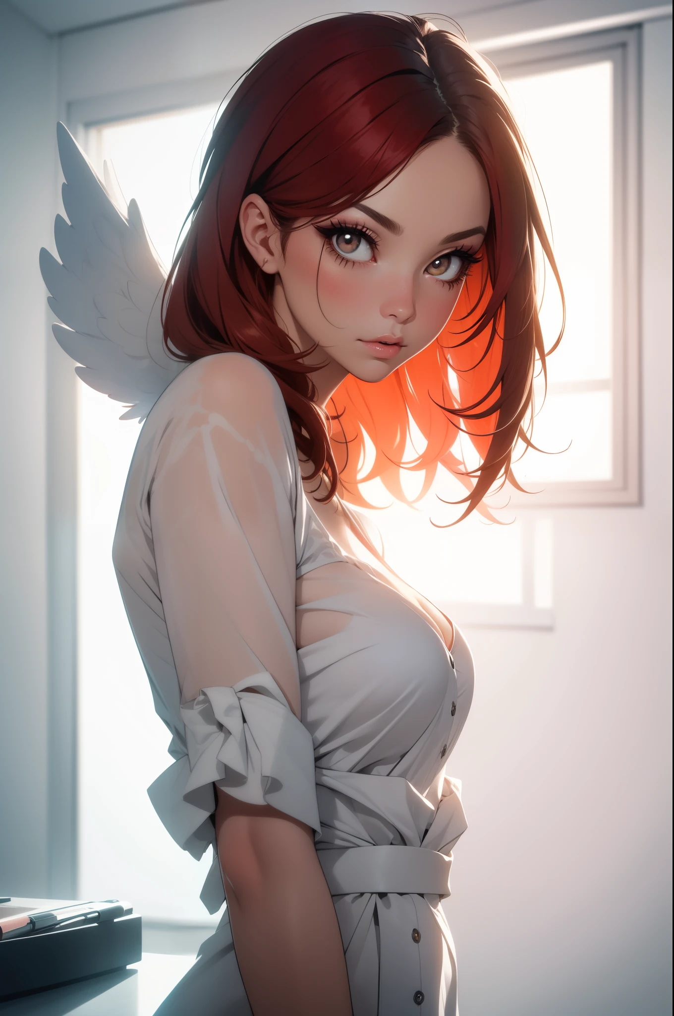Beautiful red-haired woman with long, straight hair falling under her shoulder, wearing high school clothes, blouse with red tie and red mini skirt, black socks that go up to the knees and All Star sneakers, with angel wings with the color purple, red makeup around the eyes making a drawing on the face, purple color eyes, red lipstick, a mole on the left side of the mouth, perfect face, expression of shame, cute expression, perfect body, round chest, big ass, thick thighs, whole body, detailed scenery, detailed photo, masterpiece, 8k, raw photo, perfect lighting