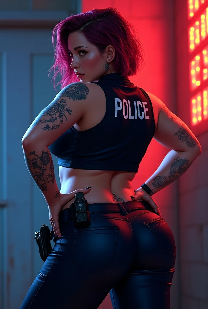 white bimbo, 20 years old bimbo, thigh high platform boots, latex, hoop earrings, bimbo, slutty, perfect fake boobs, tattoos, makeup, choker, elastigirl, the incredibles, short red hair, bob hairstyle, showing ass