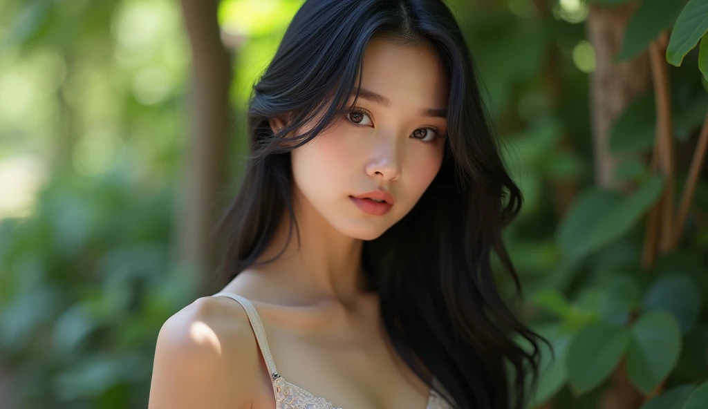 in woods、Long black hair、(sexy pose))、The bikini、(Colossal tits:1.3)、(masterpiece、top-quality)、((20 year old woman:1.ung adorable Japan face, dewy skin, Soft portrait shots,8K,、very extremely beautiful
