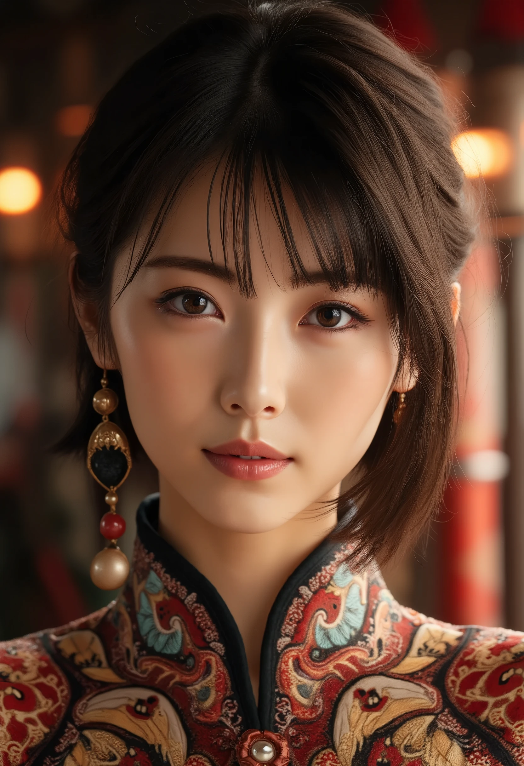 (8k, RAW Photos, Best Quality, masterpiece: 1.2), Super detailed, Super Resolution, (Actual Photos: 1.37), Portraiture,  high-resolution RAW color photo , Professional photos, Official Art,   Highly Detailed CG Unity 8K Wallpaper,  Beautiful East Asian Woman, Very elaborate face,  very detailed eyes , Highly detailed skin, Very elaborate nose, Highly detailed mouth,  Perfect Anatomy,  highly detailed background ,  Highly detailed clothing, Realistic body, White skin, Glowing Skin,, brown hair, {short|length} hair, (Short bangs:1.2), A faint smile, Realistic Face, Bold outfit design, Earrings,  staring at the camera ,  cowboy shot, Standing posture,  Dynamic Lighting,