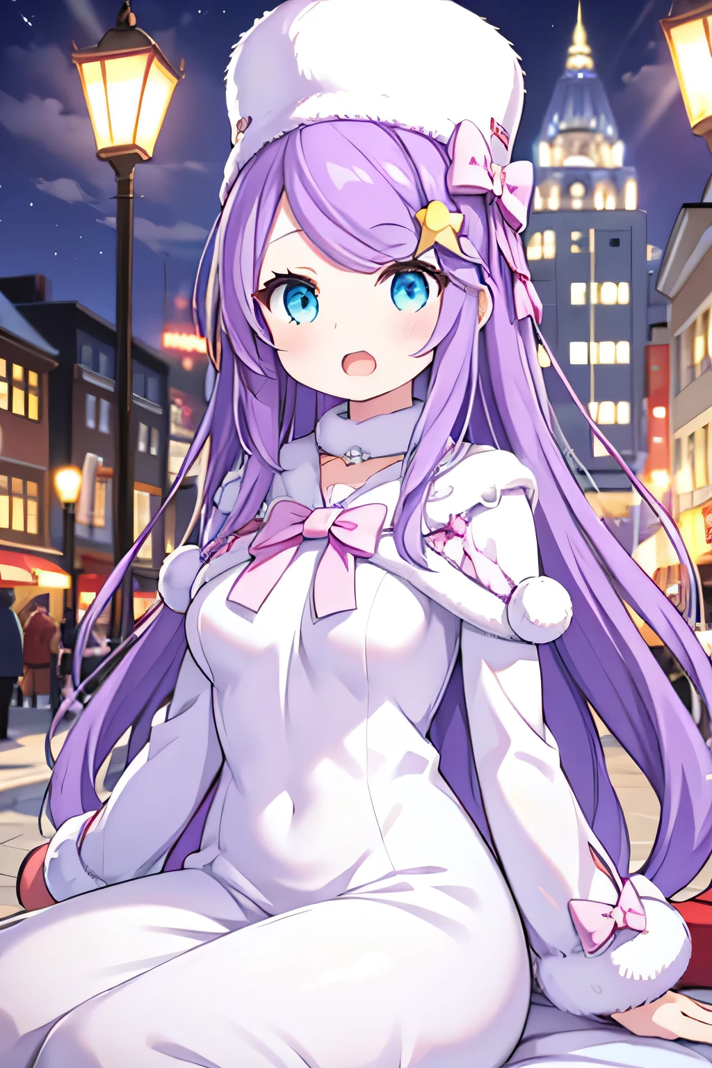 anastasia hoshin, long hair, blue eyes, purple hair, swept bangs, hair ornament, long sleeves, hat, dress, bow, star \(symbol\), white dress, fur trim, white headwear, pink bow, pom pom \(clothes\), star hair ornament, medium breast, in city, open mouth, day time, sit pose