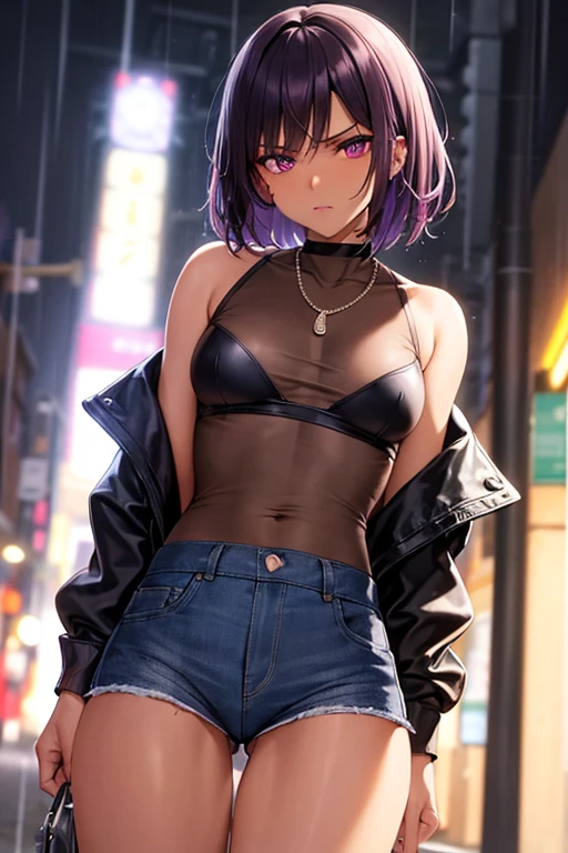 (masterpiece, best quality, detailed), 1girl, solo, closed mouth, satnding, from below, arms behind head,
stage, stage lights, spotlight,
konoko, leather jacket, open jacket, no bra, black shorts, denim shorts, unzipped, open fly <lora:KonokoOniV1_7-MIX3:1> <lora:more_details:0.5>