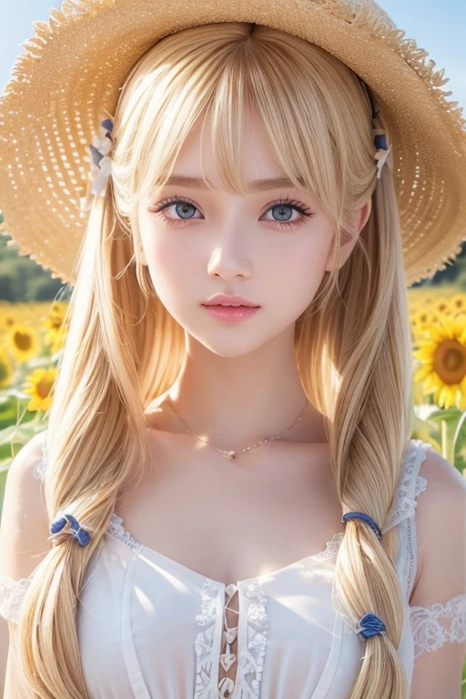 ((super fine illustration, 4k, Masterpiece :1.2, Sharp focus :1.2, 35mm lens:1.2, f/0.8, realistic beautiful 1girl :1.3)), sunlight, depth of field, ((medium breasts)), (bustier dress), (sunflower background:1.2), Highly detailed face and skin texture, from behind, Detailed eyes:1.1, Smiling, beautiful detailed makeup:1.1, high-fidelity bangs, brown to blonde striped hair, half up-do medium short hairstyle,