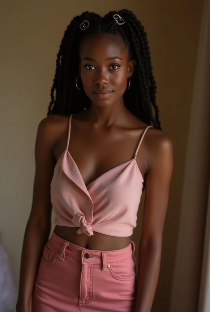 Beautiful, black younger , laying on carpet, perfectly silky hair, brightly smiling, wearing very short skirt, ((top down view))