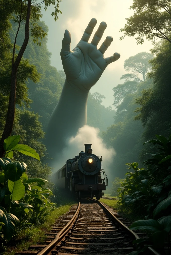Train at amazon forest. The train save by big hand
