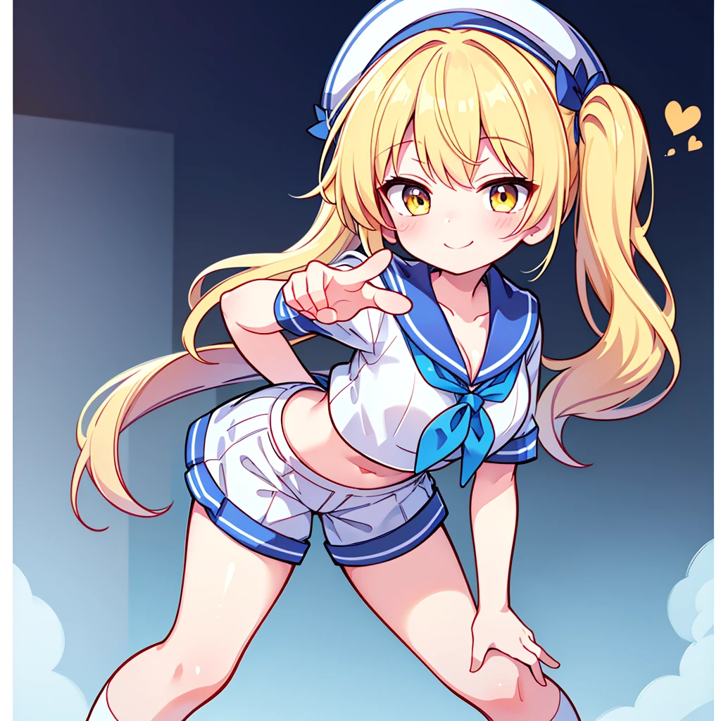 Twin-tailed golden-haired girl in sailor suit, Visible navel, Wear a hat and pants.a drawing of an anime character, clean line drawings, ultra cute girl, ultra cute face, ultra detailed eyes, ultra detailed hair, ultra cute, ultra beautiful, ((high end)), (UHD picture), (best quality,4k,8k,highres,masterpiece:1.2), top-quality(​masterpiece), top-quality, ultra-detailed, highly detailed texture, intricate details, high quality textures, masterpiece, best quality, perfect quality, perfect anatomy, perfect body, perfect symmetrical face, perfect hands, perfect feet, (two arms:1.2), (two legs:1.2), (five fingers each:1.2), (perfect joint:1.2), perfect joint movement, precise fingers and hands, 1 beautiful girl, 1 girl, alone, solo, , , ((())), ((ish)), (Best Quality, hight resolution), extremely detailed and lifelike, Vibrant colors, simple background, white socks, blonde hair, hat, blue sailor collar, twintails, sailor collar, sailor hat, yellow eyes, marine costume, short sleeves, shirt, blue neckerchief, white headwear, sailor, white shirt, white shorts, neckerchief, smile, Chiyuri, from behind, to lift up one’s skirt, cowboy shot, from front, standing, raise one leg, crossed arms, arms up behind, arms behind back, hand between legs, put hands hip, one hand on hip, forward hands, arms raised in the air, punch hands, peace sign, waving, put up index finger, sit, lie down, closed eyes, lie face down, looking back, put one hand chest, leaning forward, cleavage, close up, horizontally outstretched arms, horizontally outstretched legs, front view, front face, huge breasts for short stature, cleavage is clearly visible, G-Cup, heart hands, pointing at oneself