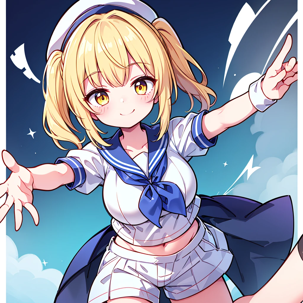 Twin-tailed golden-haired girl in sailor suit, Visible navel, Wear a hat and pants.a drawing of an anime character, clean line drawings, ultra cute girl, ultra cute face, ultra detailed eyes, ultra detailed hair, ultra cute, ultra beautiful, ((high end)), (UHD picture), (best quality,4k,8k,highres,masterpiece:1.2), top-quality(​masterpiece), top-quality, ultra-detailed, highly detailed texture, intricate details, high quality textures, masterpiece, best quality, perfect quality, perfect anatomy, perfect body, perfect symmetrical face, perfect hands, perfect feet, (two arms:1.2), (two legs:1.2), (five fingers each:1.2), (perfect joint:1.2), perfect joint movement, precise fingers and hands, 1 beautiful girl, 1 girl, alone, solo, , , ((())), ((ish)), (Best Quality, hight resolution), extremely detailed and lifelike, Vibrant colors, simple background, white socks, blonde hair, hat, blue sailor collar, twintails, sailor collar, sailor hat, yellow eyes, marine costume, short sleeves, shirt, blue neckerchief, white headwear, sailor, white shirt, white shorts, neckerchief, smile, Chiyuri, from behind, to lift up one’s skirt, cowboy shot, from front, standing, raise one leg, crossed arms, arms up behind, arms behind back, hand between legs, put hands hip, one hand on hip, forward hands, arms raised in the air, punch hands, peace sign, waving, put up index finger, sit, lie down, closed eyes, lie face down, looking back, put one hand chest, leaning forward, cleavage, close up, horizontally outstretched arms, horizontally outstretched legs, front view, front face, huge breasts for short stature, cleavage is clearly visible, G-Cup, heart hands, pointing at oneself