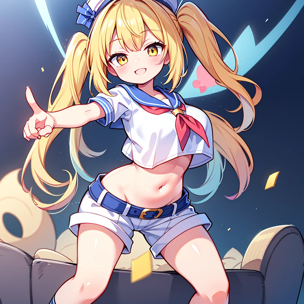 Twin-tailed golden-haired girl in sailor suit, Visible navel, Wear a hat and pants.a drawing of an anime character, clean line drawings, ultra cute girl, ultra cute face, ultra detailed eyes, ultra detailed hair, ultra cute, ultra beautiful, ((high end)), (UHD picture), (best quality,4k,8k,highres,masterpiece:1.2), top-quality(​masterpiece), top-quality, ultra-detailed, highly detailed texture, intricate details, high quality textures, masterpiece, best quality, perfect quality, perfect anatomy, perfect body, perfect symmetrical face, perfect hands, perfect feet, (two arms:1.2), (two legs:1.2), (five fingers each:1.2), (perfect joint:1.2), perfect joint movement, precise fingers and hands, 1 beautiful girl, 1 girl, alone, solo, , , ((())), ((ish)), (Best Quality, hight resolution), extremely detailed and lifelike, Vibrant colors, simple background, white socks, blonde hair, hat, blue sailor collar, twintails, sailor collar, sailor hat, yellow eyes, marine costume, short sleeves, shirt, blue neckerchief, white headwear, sailor, white shirt, white shorts, neckerchief, smile, Chiyuri, from behind, to lift up one’s skirt, cowboy shot, from front, standing, raise one leg, crossed arms, arms up behind, arms behind back, hand between legs, put hands hip, one hand on hip, forward hands, arms raised in the air, punch hands, peace sign, waving, put up index finger, sit, lie down, closed eyes, lie face down, looking back, put one hand chest, leaning forward, cleavage, close up, horizontally outstretched arms, horizontally outstretched legs, front view, front face, huge breasts for short stature, cleavage is clearly visible, G-Cup, heart hands, pointing at oneself