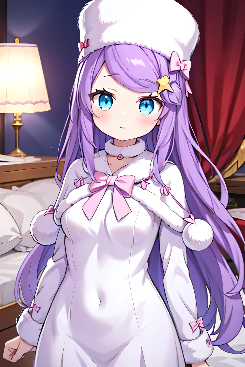 anastasia hoshin, long hair, blue eyes, purple hair, swept bangs, hair ornament, long sleeves, hat, dress, bow, star \(symbol\), white dress, fur trim, white headwear, pink bow, pom pom \(clothes\), star hair ornament, medium breast, bedroom, sleepy pose