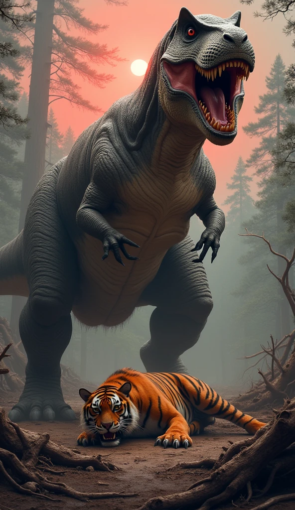 T-rex standing on a dead tiger that it fought in a dark scary fogy forest