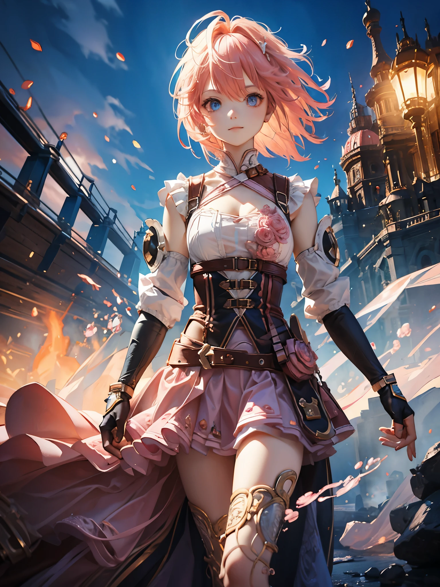 1 girl,Cowboy Shoot, Linda Nora _Valkyrie, Gazing at the audience, smile, Short Hair, blue eyes,Heart Cutout, gloves,  jacket,  Pink Skirt , Pink Belt, Short Manga, Puff sleeves,  Single Clamp , fingerless gloves,  orange hair, pink gloves,  dynamic poses, night, Outdoor, city, (Volumetric Lighting), Best Quality, Artwork,  complicated details, Tone Mapping, Sharp focus,  Hyper Details ,  ArtStation Trends,