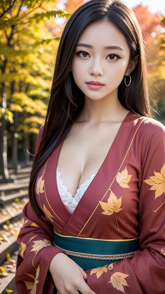 masterpiece, Ultra-high resolution, 4K, Best Quality, 1 person, ((whole body)), Beautiful and exquisite face,  fine texture beautiful skin,  skin texture, high school student, Sparkle in your eyes, Dynamic pose, Gray hair color , Straight Hair, Gal Makeup, Red kimono with floral pattern, Japanese clothing, Autumn scenery, Bright red autumn leaves, A field of autumn leaves, forest, Nature, Spectacular views, river, sunset