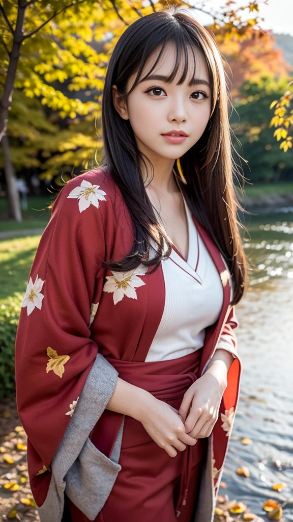 masterpiece, Ultra-high resolution, 4K, Best Quality, 1 person, ((whole body)), Beautiful and exquisite face,  fine texture beautiful skin,  skin texture, high school student, Sparkle in your eyes, Dynamic pose, Gray hair color , Straight Hair, Gal Makeup, Red kimono with floral pattern, Japanese clothing, Autumn scenery, Bright red autumn leaves, A field of autumn leaves, forest, Nature, Spectacular views, river, sunset