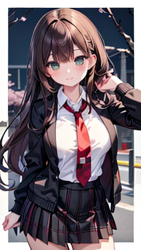 ((masterpiece, Best Quality,  high res, 超 high res, Pixel perfect,  depth of border described , 4K, ,  high res))), 1 girl, single, Alone,  beautiful anime girl,  beautiful art style,  Anime Characters, ((Long Hair, bangs,  dark brown hair, Curly Hair:0.4, Simple hairpin)), ((green eyes:1.4, Round eyes,  beautiful eyelashes , Realistic eyes)), ((Detailed face, :1.2)), ((Smooth texture:0.75, Realistic texture:0.65, Realistic:1.1, Anime CG Style)), medium breasts, ((Dynamic Angle, throw, close)),  perfect bodies , ((Red tie, Student Uniform,  black jacket, open jacket,  brown cardigan,  white shirt,  Black Skirt, Checkered skirt)), smile, amusement park,  Put your hands behind your back ,  Leaning Forward , cherry blossoms,Large Breasts、