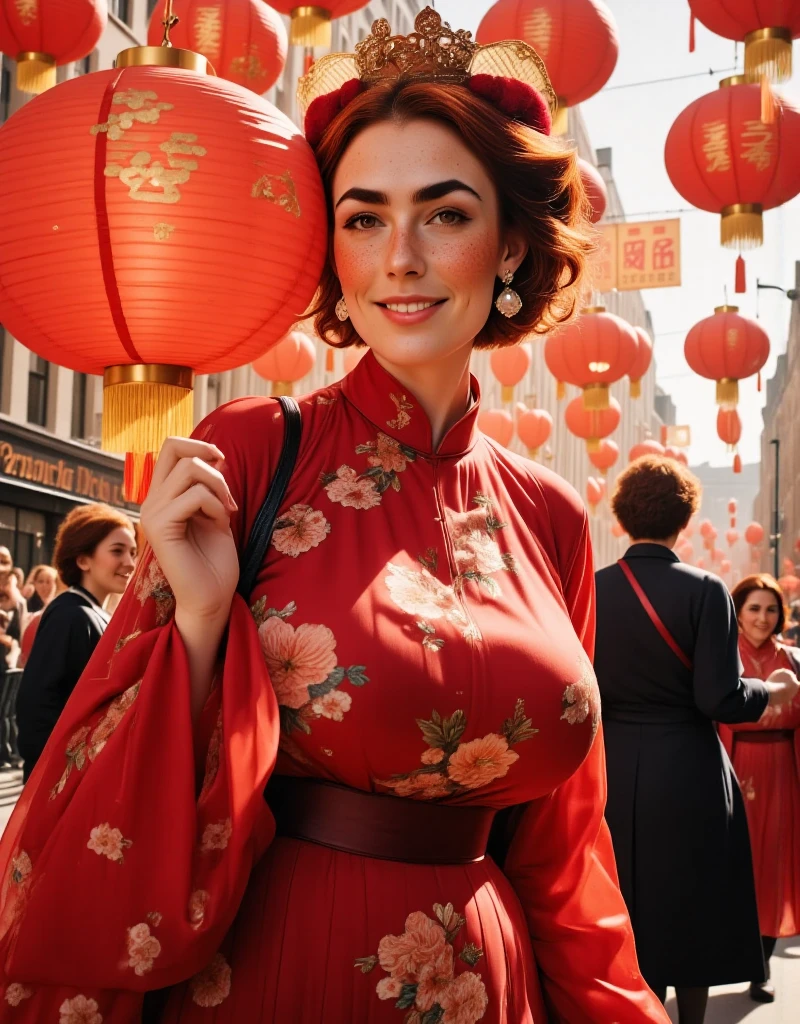 Photorealistic picture, cinematic style, (extra low camera angle), a beautiful British woman celebrating Chinese New year in a street parade. (Dynamic pose: 1.5), she is smiling. She has Brown eyes, downturned eye shape, light skin and freckles, reddish-brown hair, elegant gathered up hairstyle. Red silk mandarin gown. white pearl earrings. Large red paper lanterns. Red decorations. Theme colour is red. perfect hand,HDR, intricate details ,