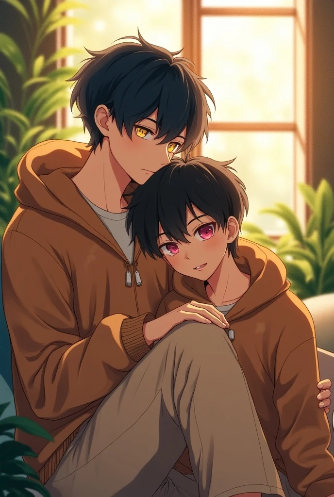 Two boys hugging each other like the cover of a novel, One is Kira, he is thin and of average height.. his clothes es simple y a menudo está desgastada o incluso vomitada porque su hermanito menor está enfermo, reflecting their economic situation. He has dark brown hair, slightly messy, and large, his eyes, Although they usually show determination, They also reflect the sadness and fatigue accumulated by years of stress., (Eye color: green lime)., tiene 16 años y es quite handsome, and the other is _Makoto, Also , he is of average height and thin, with an air of evident exhaustion. His dark hair is somewhat disheveled., y his eyes marrones reflejan cansancio y tristeza, its pale with pink edges. his clothes, although of good quality, often appears messy, suggesting your lack of time and self-care, quite handsome, anime manga style