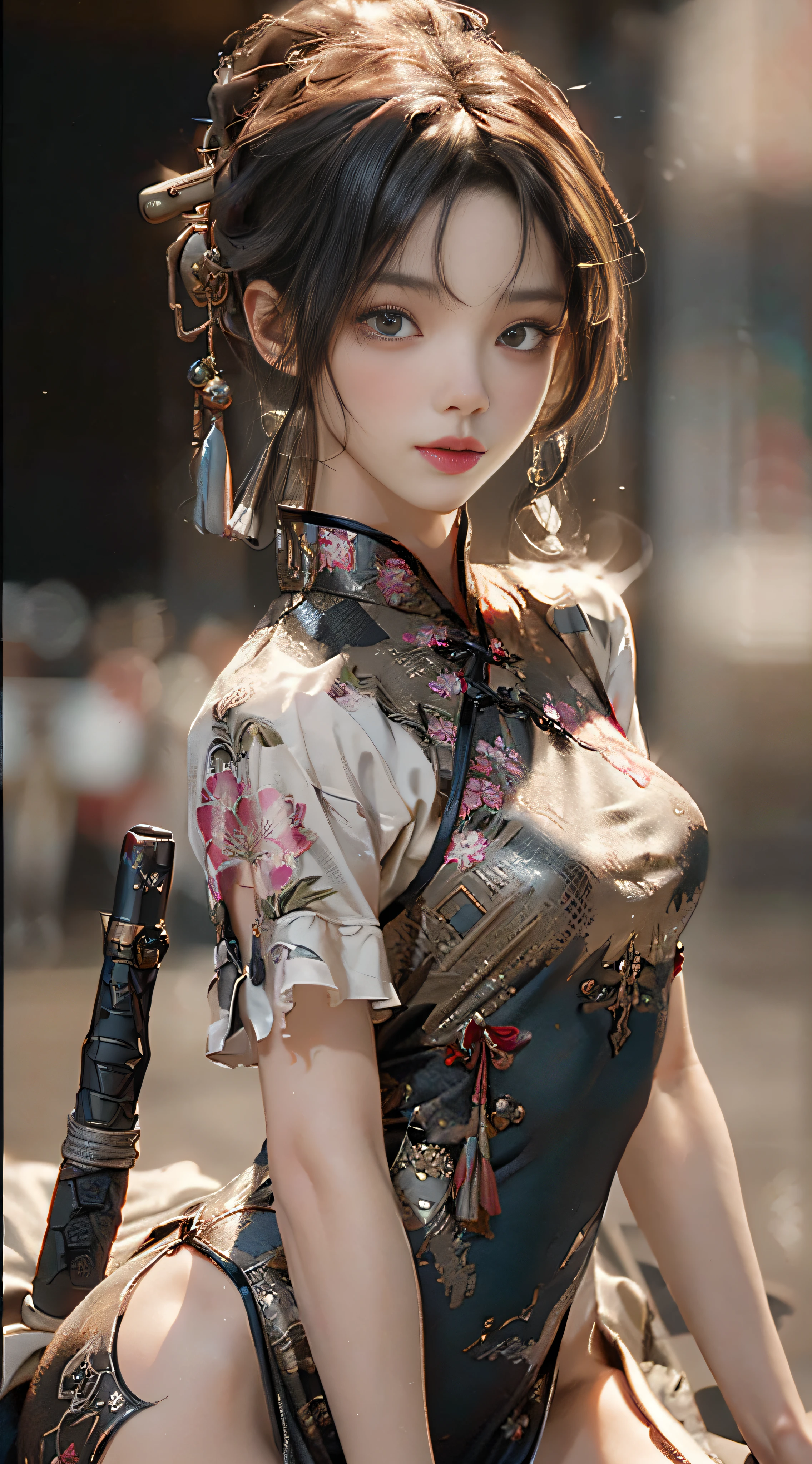 ((best quailty)), ((masterpiece)), (the detail:1.4), 3D, Female figure,hdr(HighDynamicRange),War-damaged maiden,Blood stains on the face,Blood stains on the face,Broken clothes,Neckless cheongsam,Broken clothes,hair messy,Arm injury,Long sword in hand,The expression is fierce,Green eyes,Ray traching,NVIDIA RTX,Hyper-Resolution,Unreal 5,Subsurface scattering、PBR Texture、post-processed、Anisotropy Filtering、depth of fields、maximum definition and sharpness、multi-layer texture、Albedo e mapas Speculares、Surface coloring、Accurate simulation of light-material interactions、perfectly proportioned、rendering by octane、Two-colored light、largeaperture、Low ISO、White balance、thirds rule、8K,raw data、