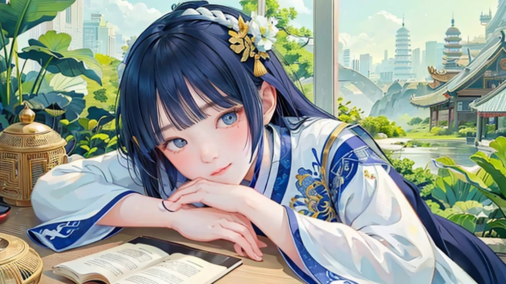 At dusk, against the light, an ancient Chinese girl lies on the table and sleeps, facing the camera sideways. The girl is wearing a blue and white Hanfu costume, a blue and gold traditional Chinese hair accessory on her head, and lies on the blue-green table and sleeps. Dreamy light and shadow, hazy girl color matching