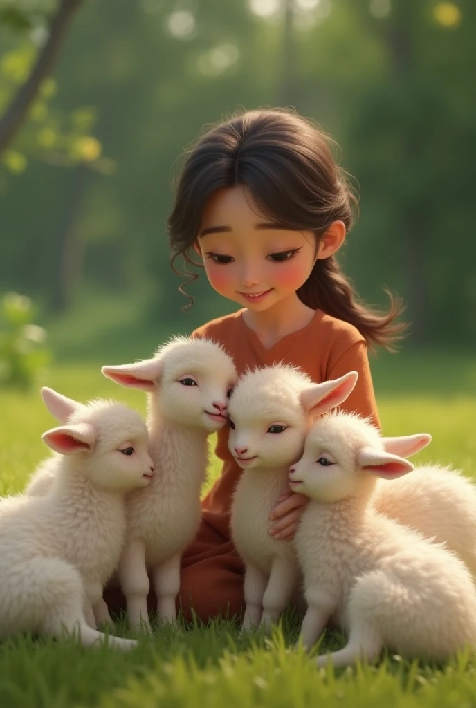 highest quality、High resolution、Detailed Background、(Beautiful face in every detail:1.4)、Anatomically correct、(Draw the usual number of fingers:1.2)、(Detailed facial expressions)、Beautiful women in their 20s、(Highly detailed face:1.4)、Feeling warmth and happiness、Adorable moments between people and animals、A field with a blue sky、

(A beautiful woman and a baby goat are sleeping together, sharing a sense of security and love with each other.:1.5)、

Lying on the lap of a beautiful woman、
That  is soft、The fluffy fur brings comfort to the little girl&#39;s hands every time it touches them.、
The beautiful girl rests her head on the baby goat&#39;s belly and slowly falls asleep, feeling safe and secure.、
The wind blows gently、Flowers around々is swaying gracefully、
In this tranquil setting, the beautiful girl and the baby goat share a comfortable warmth and bond.
