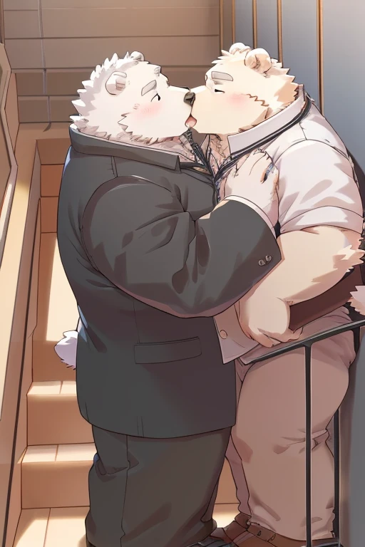 Gained weight、Being overweight、Gained weight顔、Bear Beast Man、 Brown Eyes 、Polar bear、fur、Fluffy、cute(student、Short、Black clothes、Wearing gakuran）(School、Staircase Background、Stand leaning forward、They're secretly kissing））( angle from below)