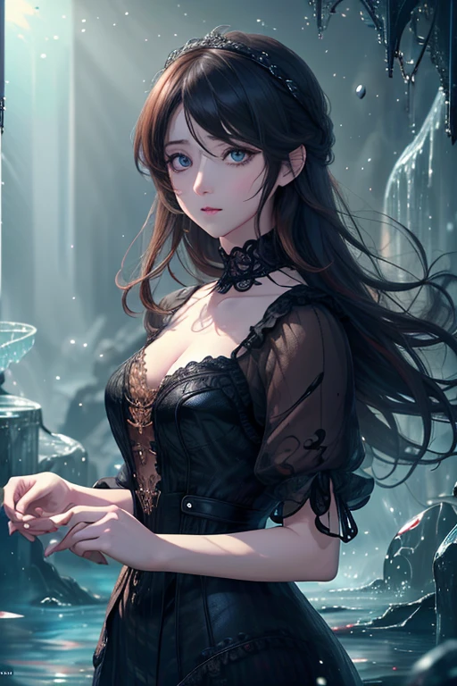 Official Art, Unity 8k wallpaper, super detailed, beautiful, beautiful, masterpiece, best quality, darkness, atmosphere, mystery, romanticism, creepy, literature, art, fashion, victorian, decoration, intricacies, ironwork, lace, contemplation, emotional depth, supernatural, 1 girl, solo, neck, mid body composition, (very pale skin:1.1), dark bags under her eyes, (bags under eyes:1.6)