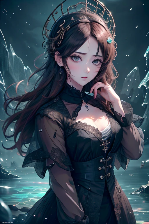 Official Art, Unity 8k wallpaper, super detailed, beautiful, beautiful, masterpiece, best quality, darkness, atmosphere, mystery, romanticism, creepy, literature, art, fashion, victorian, decoration, intricacies, ironwork, lace, contemplation, emotional depth, supernatural, 1 girl, solo, neck, mid body composition, (very pale skin:1.1), dark bags under her eyes, (bags under eyes:1.6)