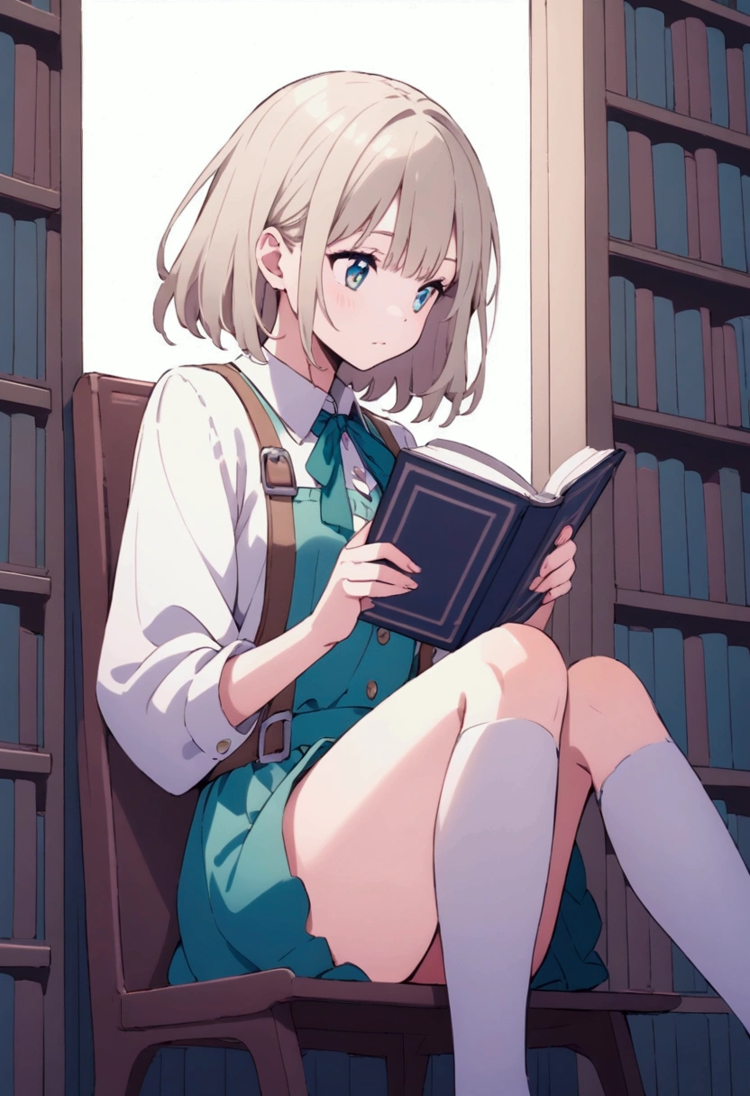 Female middle school student reading a book in the library