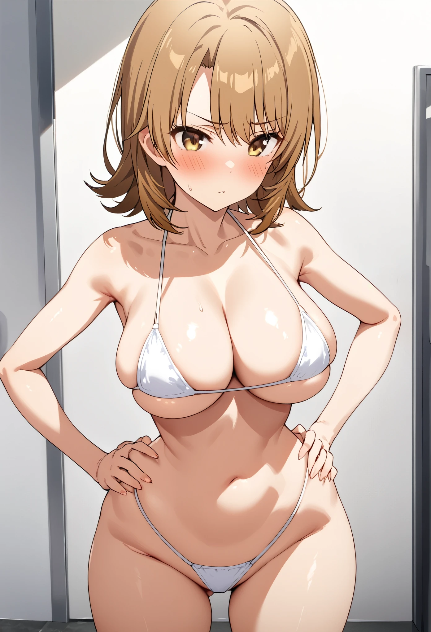 (((Best Quality, high res,4K,美しいアニメのgirl,Smooth Skin,Glowing Skin,Soft Skin,girl１people,Detailed face))),(((Isshiki Iroha,Brown Hair, short hair, Brown Eyes ))),((( white super micro bikini)),(( stare at me ,White bedroom,front,blush,Big Breasts,Standing, put your hands on your hips ))