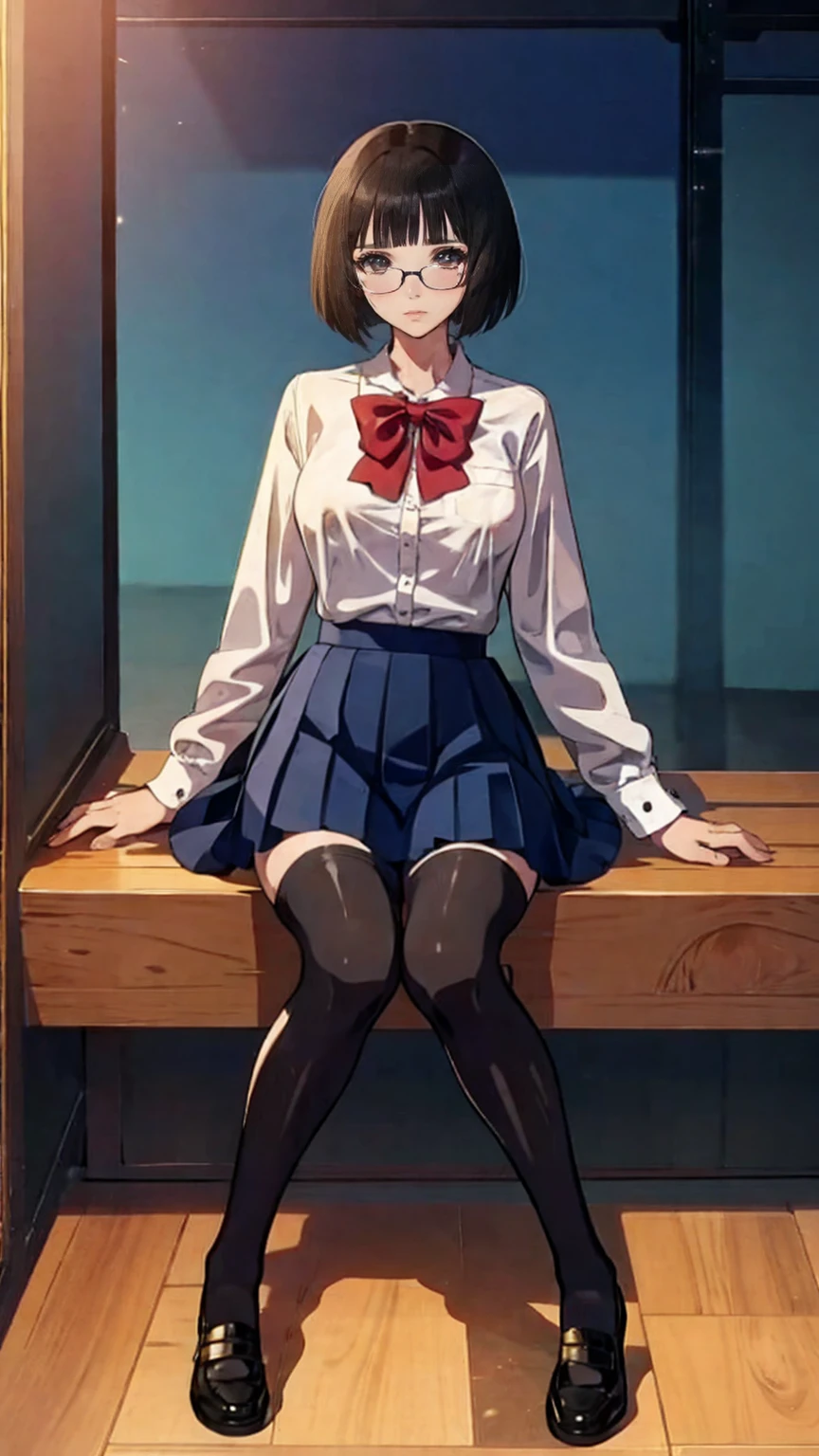 an anime girl with Glasses and a skirt sits on ground and poses, 1 girl , Alone, skirt, Have, shirt, white shirt, pantyhose, Red eyes, Glasses, Black Hair , shoes, red skirt, Check pattern skirt, Viewers, Open clothes, Check pattern, collared shirt, , Long sleeve, Mouth closed, Sitting, black pantyhose, indoor, bangs, short hair, 黒縁Glasses, Brown Jacket, Off the shoulder,Add XL @Sparkling @Sparkling
