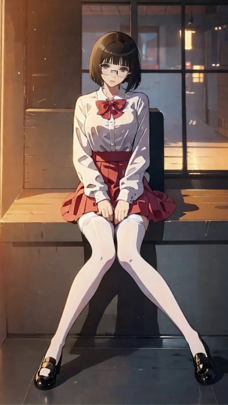 an anime girl with Glasses and a skirt sits on ground and poses, 1 girl , Alone, skirt, Have, shirt, white shirt, pantyhose, Red eyes, Glasses, Black Hair , shoes, red skirt, Check pattern skirt, Viewers, Open clothes, Check pattern, collared shirt, , Long sleeve, Mouth closed, Sitting, black pantyhose, indoor, bangs, short hair, 黒縁Glasses, Brown Jacket, Off the shoulder,Add XL @Sparkling @Sparkling
