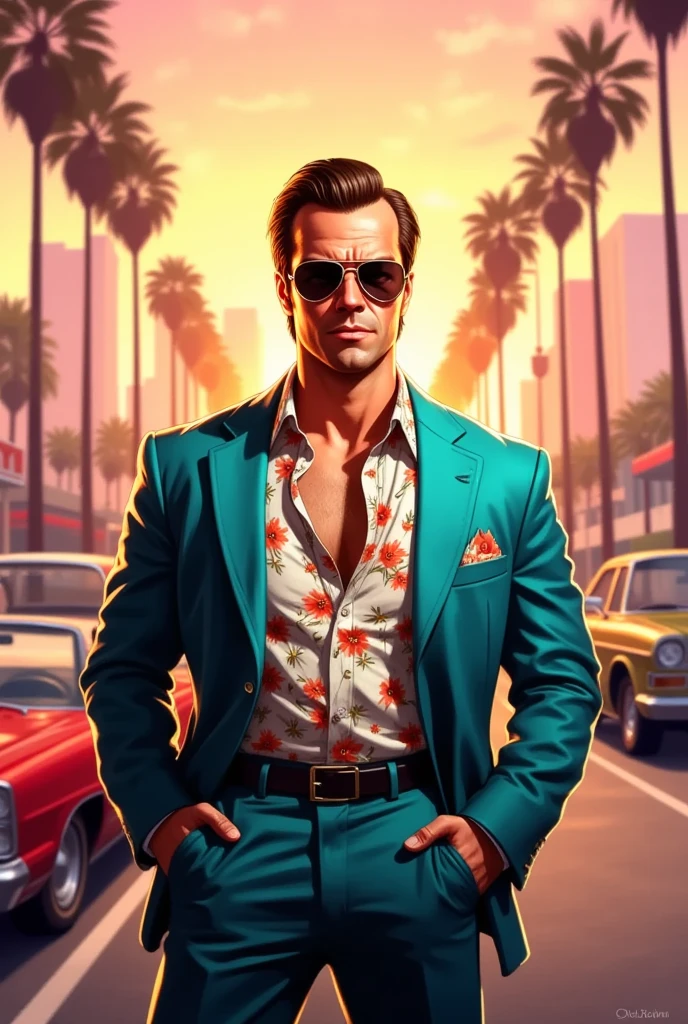 A muscular man standing confidently in a modern urban setting, reminiscent of a California sunset. He is wearing a stylish teal suit jacket over a floral-patterned shirt with the top buttons undone, exuding a cool, retro vibe. The man has short, slicked-back hair, chiseled facial features, and wears dark aviator sunglasses. The background features palm trees lining the streets, classic cars, and tall buildings, all bathed in the warm, golden glow of a sunset. The atmosphere is vibrant and cinematic, with soft pink and orange hues lighting up the sky.