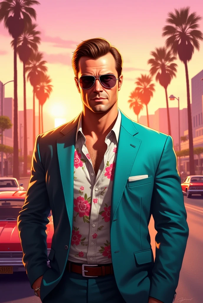 A muscular man standing confidently in a modern urban setting, reminiscent of a California sunset. He is wearing a stylish teal suit jacket over a floral-patterned shirt with the top buttons undone, exuding a cool, retro vibe. The man has short, slicked-back hair, chiseled facial features, and wears dark aviator sunglasses. The background features palm trees lining the streets, classic cars, and tall buildings, all bathed in the warm, golden glow of a sunset. The atmosphere is vibrant and cinematic, with soft pink and orange hues lighting up the sky.