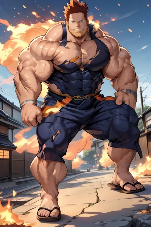 Endeavor from My Hero Academia, covered in flames, full body, ripped and torn costume, muscular, thick, thick pubic hair, huge nice bulge, Japanese 45 yo, sexy, realistic eyes