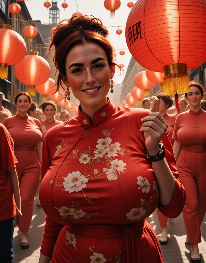 Photorealistic picture, cinematic style, (extra low camera angle:1.5), a beautiful British woman celebrating Chinese New year in a street parade. Late evening, (it's dark: 1.5), (Dynamic pose: 1.5), she is smiling. She has Brown eyes, downturned eye shape, light skin and freckles, reddish-brown hair, elegant gathered up hairstyle. Traditional Red silk cheongsam. white pearl earrings. Large red paper lanterns. Red decorations. Theme colour is red. perfect hand,HDR, intricate details ,