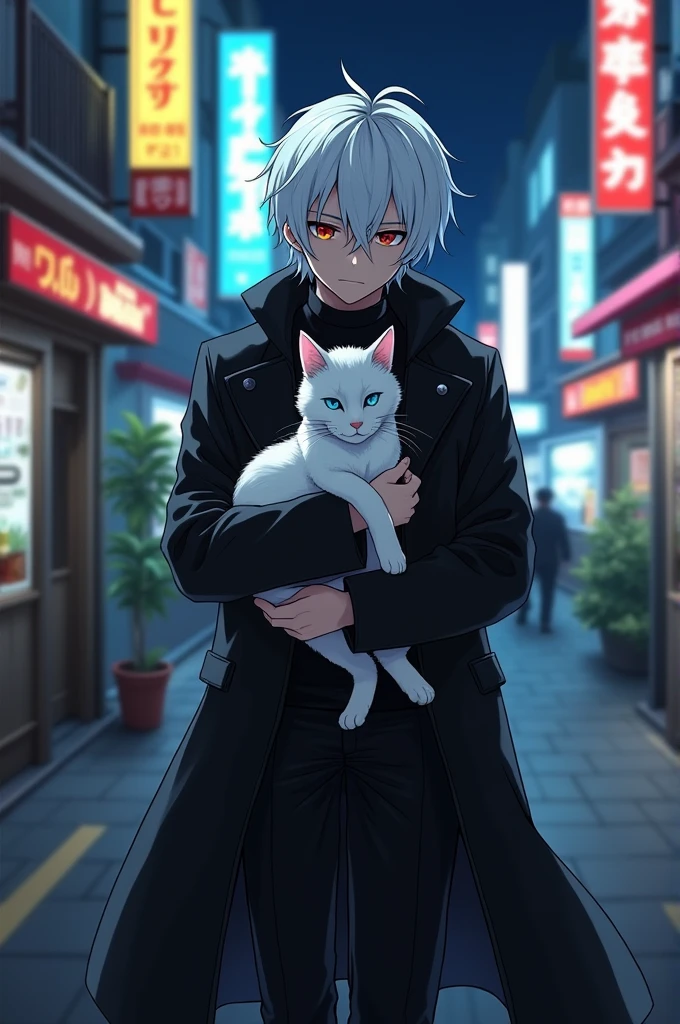 male、Gray Hair、Short Hair、Red Eye、Cold-blooded man、Handsome、White cat ears、An expression that I can't understand、Stern face、A little embarrassing、White Tail、Black long sleeve shirt、Black trousers、One male、A tail growing from a man、ear