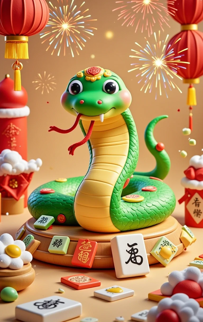 Masterpiece, (fine quality), very detailed, looks super detailed, Q version, big eyes, cute shape, surrounded by Chinese Mahjong, New Year elements, Chinese Year of the Snake, Green Snake, Fireworks, Lanterns, Couplets, Snowflakes, Chibi, Cartoon, Tempera, clay, high contrast tones, vibrant colors, complementary colors, warm tones