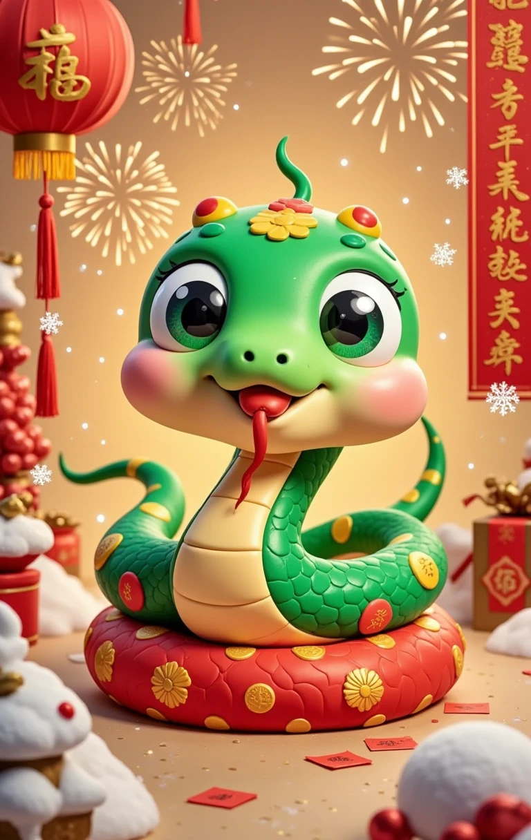 Masterpiece, (fine quality), very detailed, looks super detailed, Q version, big eyes, cute shape, surrounded by Chinese Mahjong, New Year elements, Chinese Year of the Snake, Green Snake, Fireworks, Lanterns, Couplets, Snowflakes, Chibi, Cartoon, Tempera, clay, high contrast tones, vibrant colors, complementary colors, warm tones