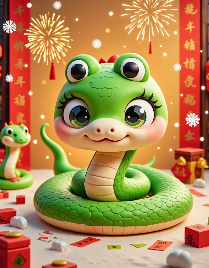 Masterpiece, (fine quality), very detailed, looks super detailed, Q version, big eyes, cute shape, surrounded by Chinese Mahjong, New Year elements, Chinese Year of the Snake, Green Snake, Fireworks, Lanterns, Couplets, Snowflakes, Chibi, Cartoon, Tempera, clay, high contrast tones, vibrant colors, complementary colors, warm tones