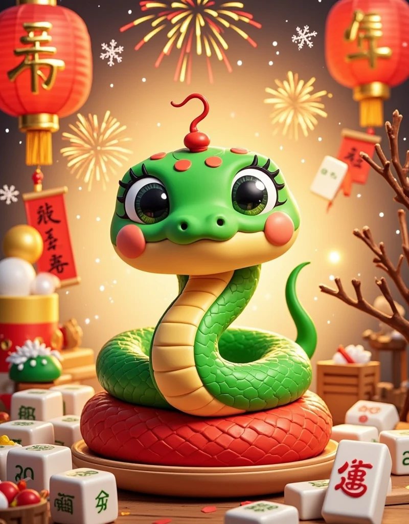 Masterpiece, (fine quality), very detailed, looks super detailed, Q version, big eyes, cute shape, surrounded by Chinese Mahjong, New Year elements, Chinese Year of the Snake, Green Snake, Fireworks, Lanterns, Couplets, Snowflakes, Chibi, Cartoon, Tempera, clay, high contrast tones, vibrant colors, complementary colors, warm tones