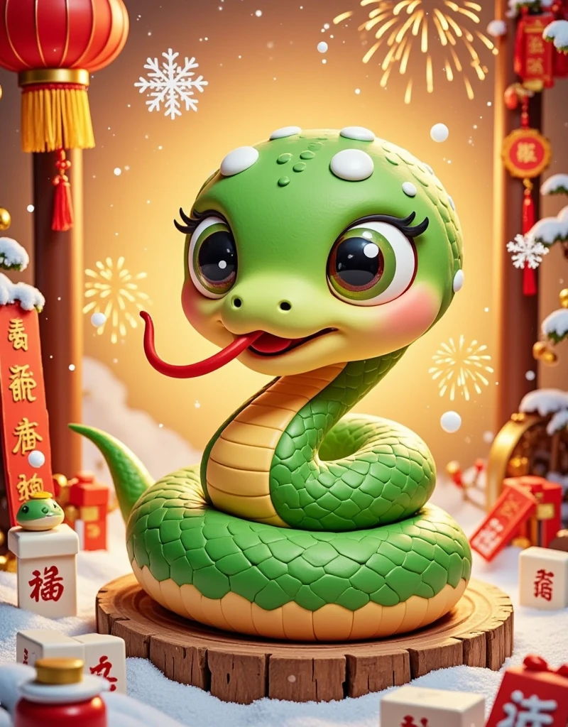 Masterpiece, (fine quality), very detailed, looks super detailed, Q version, big eyes, cute shape, surrounded by Chinese Mahjong, New Year elements, Chinese Year of the Snake, Green Snake, Fireworks, Lanterns, Couplets, Snowflakes, Chibi, Cartoon, Tempera, clay, high contrast tones, vibrant colors, complementary colors, warm tones