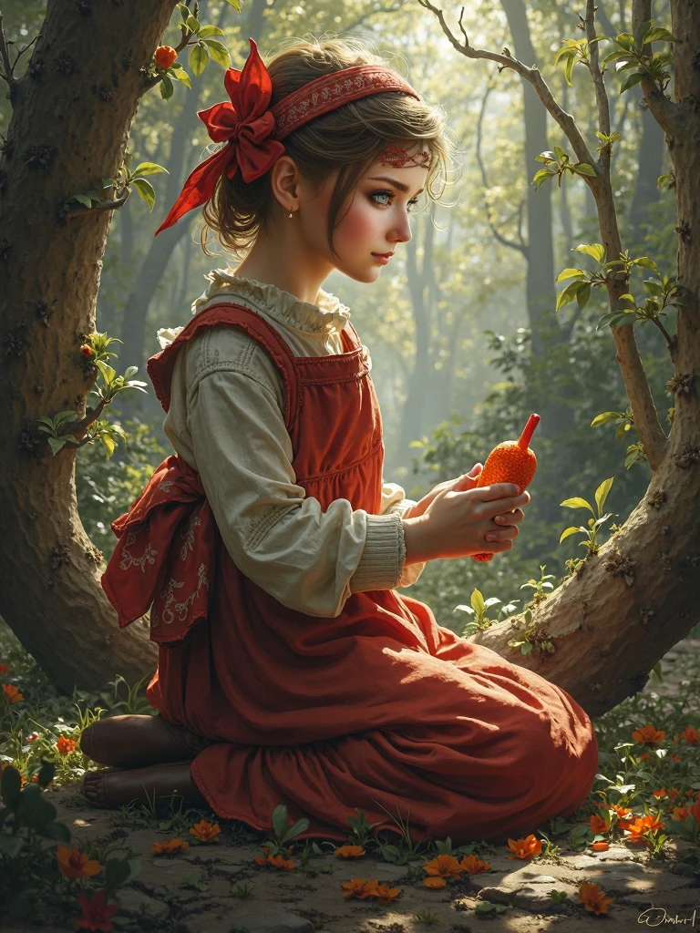 [portraite of a:young girl, blushful, in an elegant scarf:16] scenery, russian village, Sitting on a bench by a birch tree, Russian paraphernalia, improvisation, 19th century, ((Todd Schorr's style )), hyper-detailing, Deep drawing of the plot, /rot:0.2/blau:0.2/chlorine:0.2/gris:0.2,