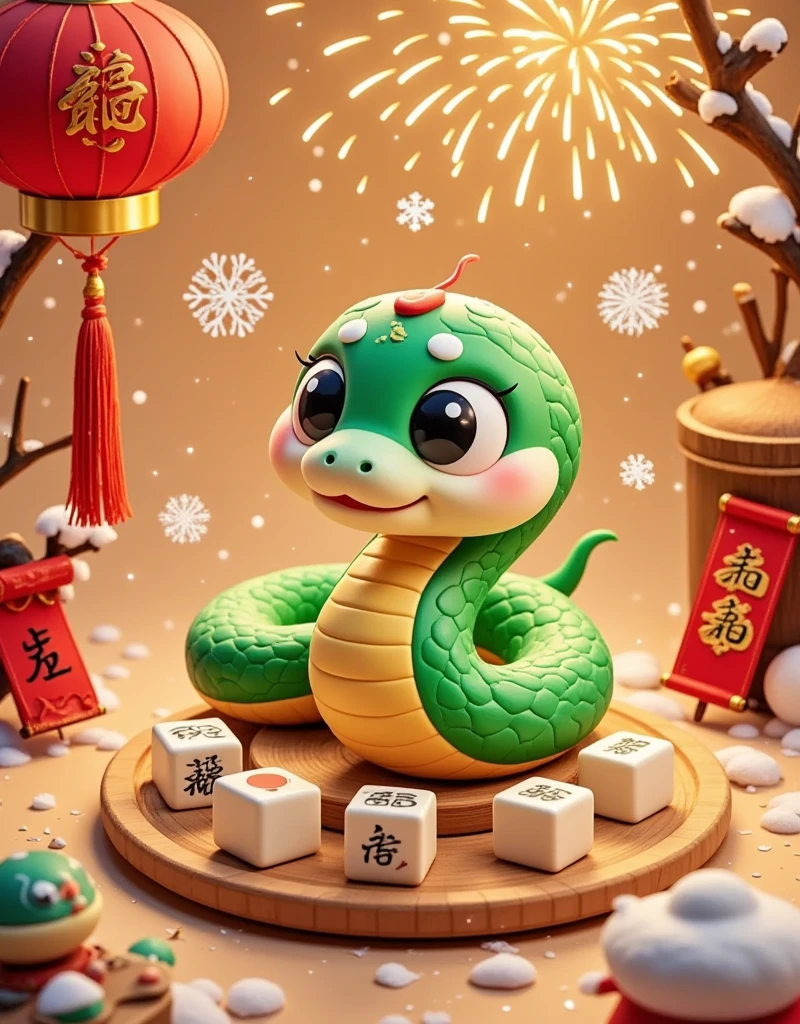 Masterpiece, (fine quality), very detailed, looks super detailed, Q version, big eyes, cute shape, surrounded by Chinese Mahjong, New Year elements, Chinese Year of the Snake, Green Snake, Fireworks, Lanterns, Couplets, Snowflakes, Chibi, Cartoon, Tempera, clay, high contrast tones, vibrant colors, complementary colors, warm tones